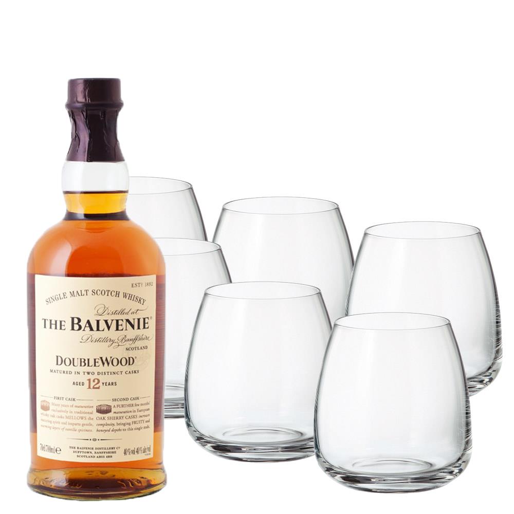 Balvenie 12 Year Old DoubleWood Whisky with Six Bohemia Anser Tumblers